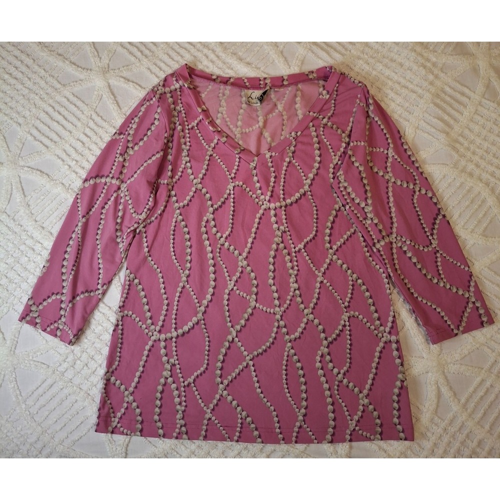 Vintage Linea Women Medium Top Pink Pearl Print V-Neck 3/4 Sleeve Stretch Shirt